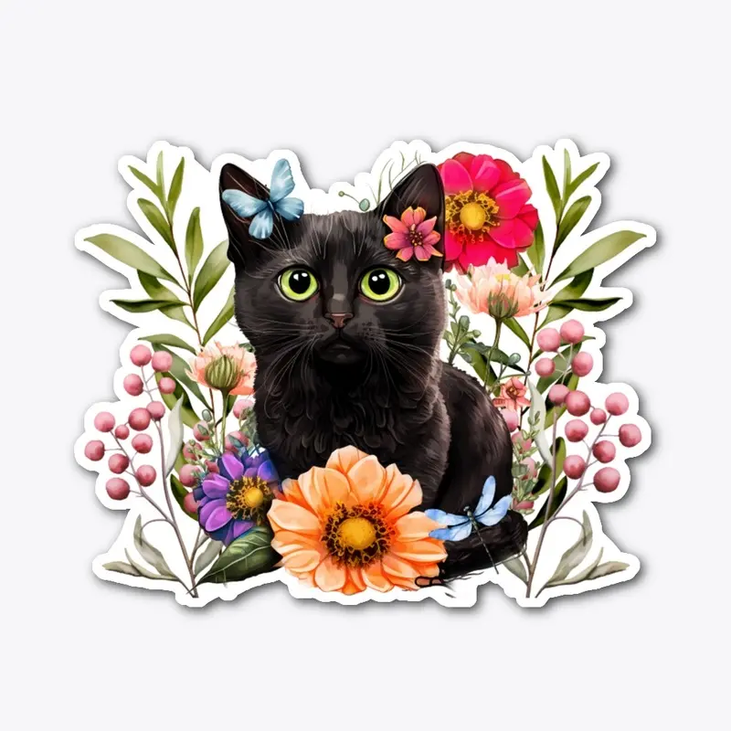 Black Cat with Spring Flowers