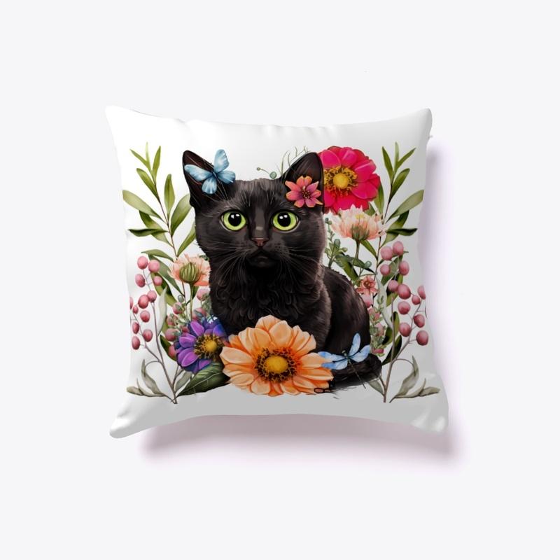 Black Cat with Spring Flowers