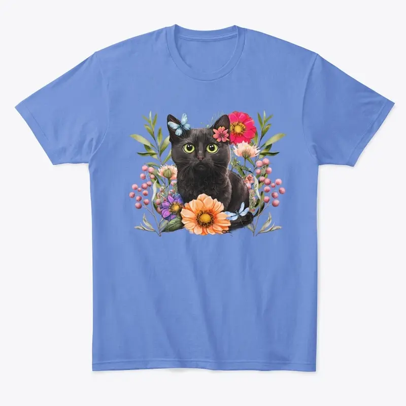 Black Cat with Spring Flowers