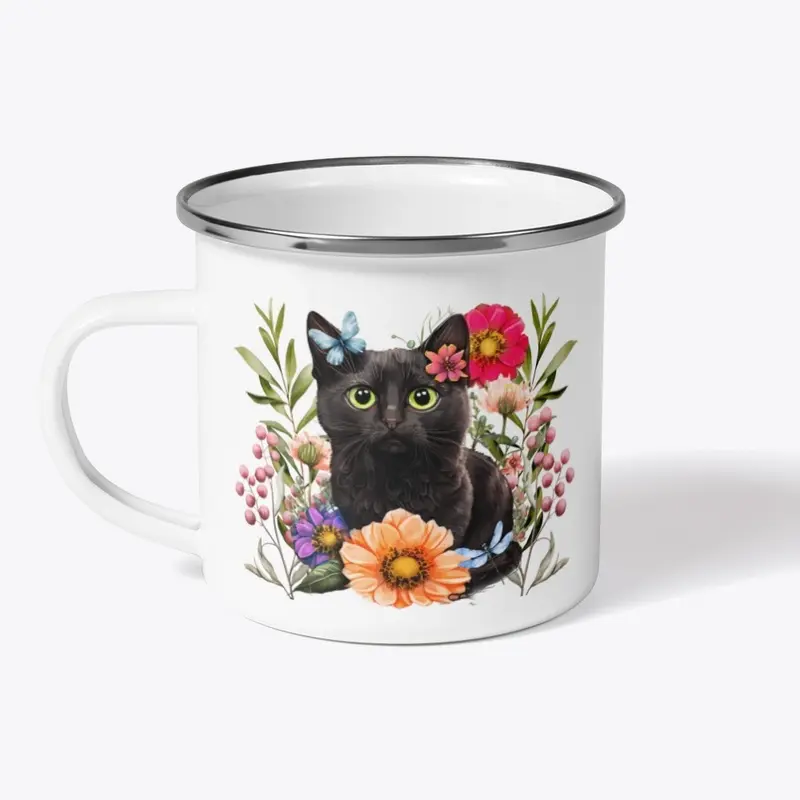 Black Cat with Spring Flowers