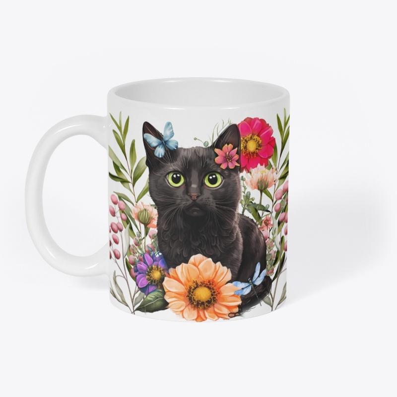 Black Cat with Spring Flowers