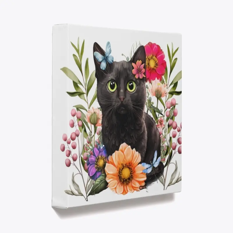 Black Cat with Spring Flowers